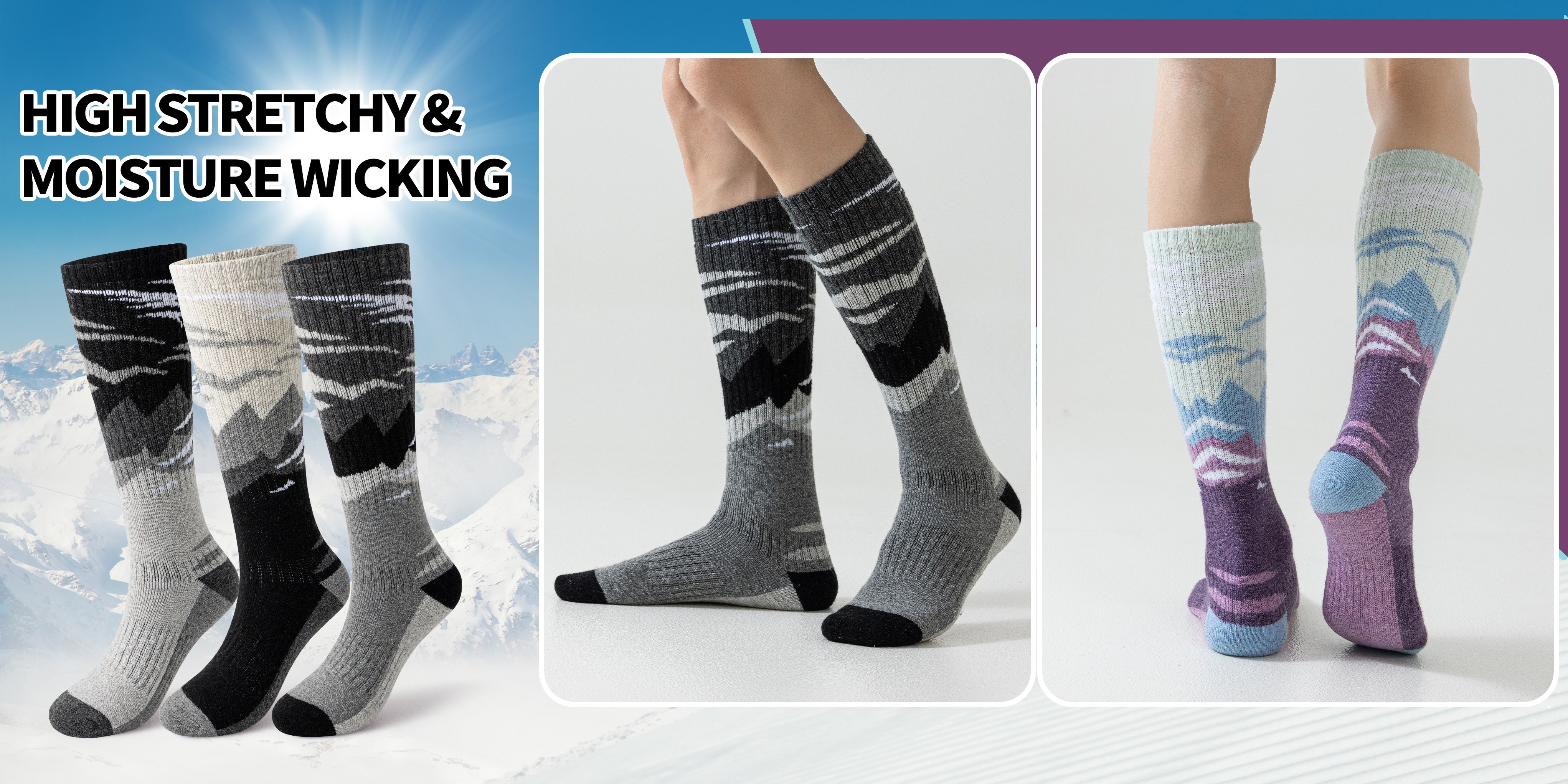 3 pairs wool wool ski socks for men and women thermal winter knee high knit fabric striped pattern machine washable 70 wool 23 polyester 5 spandex 2 0 nylon ideal for skiing snowboarding outdoor sports   stylish knit socks wool wool socks Product details 5