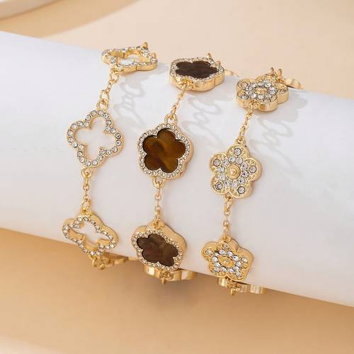 3pcs luxurious high end clover decor bracelet set brown golden elegant sweet women bracelet set stackable versatile