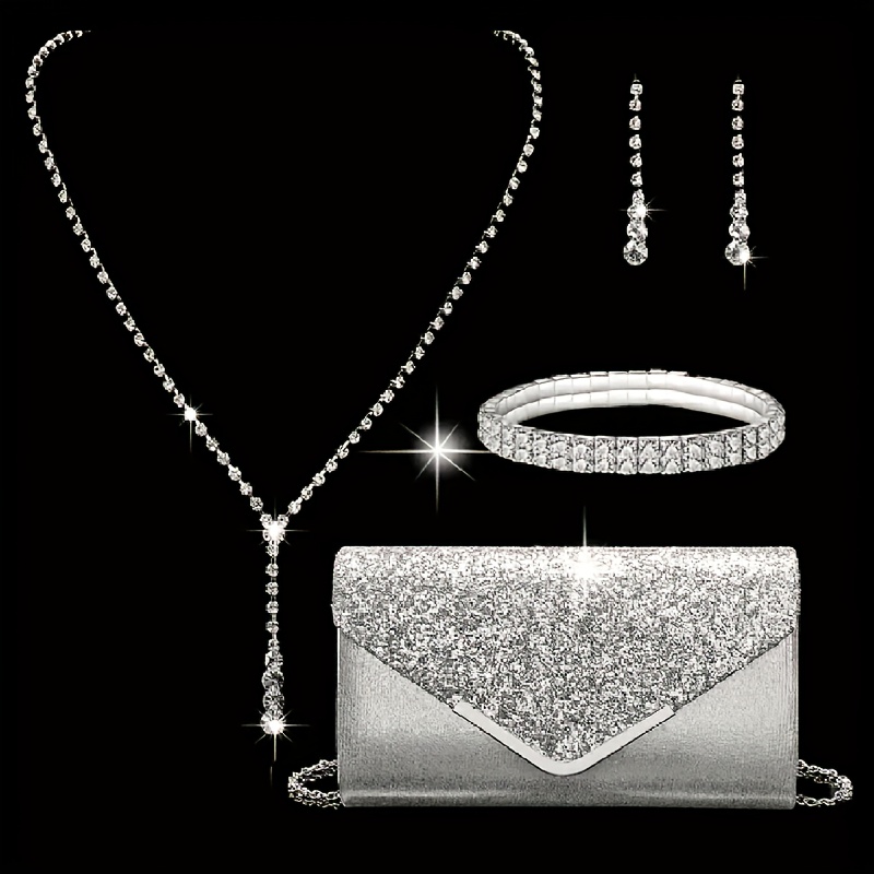 TEMU Women's Fashionable And Versatile Elegant Sequin Evening Clutch Bag With Chain, Single-shoulder Bag, Dress Party Bag, And 4pcs Banquet Accessory