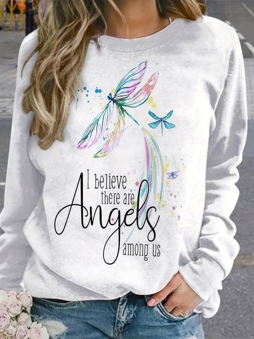 damenmode langarm-sweatshirt, polyester, lässiger rundhalsausschnitt, vollflächiger druck, ganzjahres-strickstoff, engel-grafikdesign