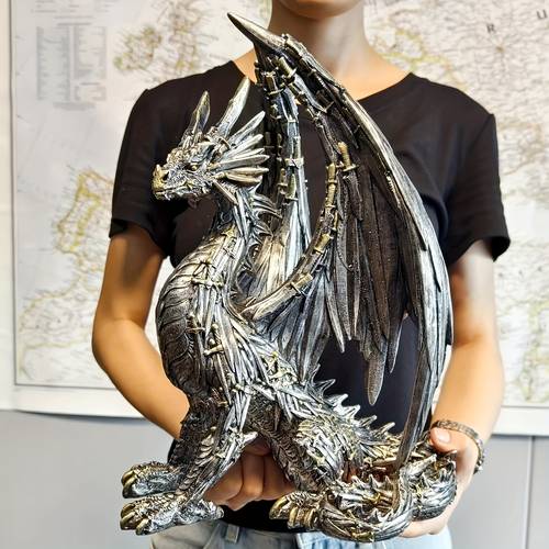 resin sitting dragon statue steampunk medieval gear dragon sculpture black dragon decoration for desk shelf counter