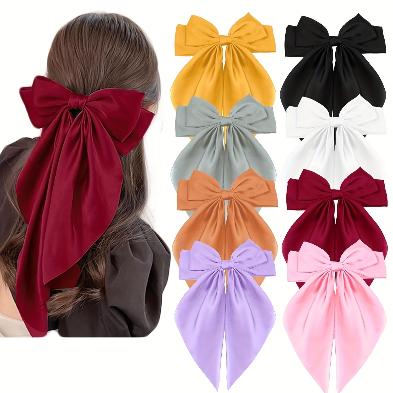 

8pcs Big Bow Hair Clip Ribbon Solid Color Versatile Spring Clip Style Tie High Horsetail Hair Clip Head Accessories