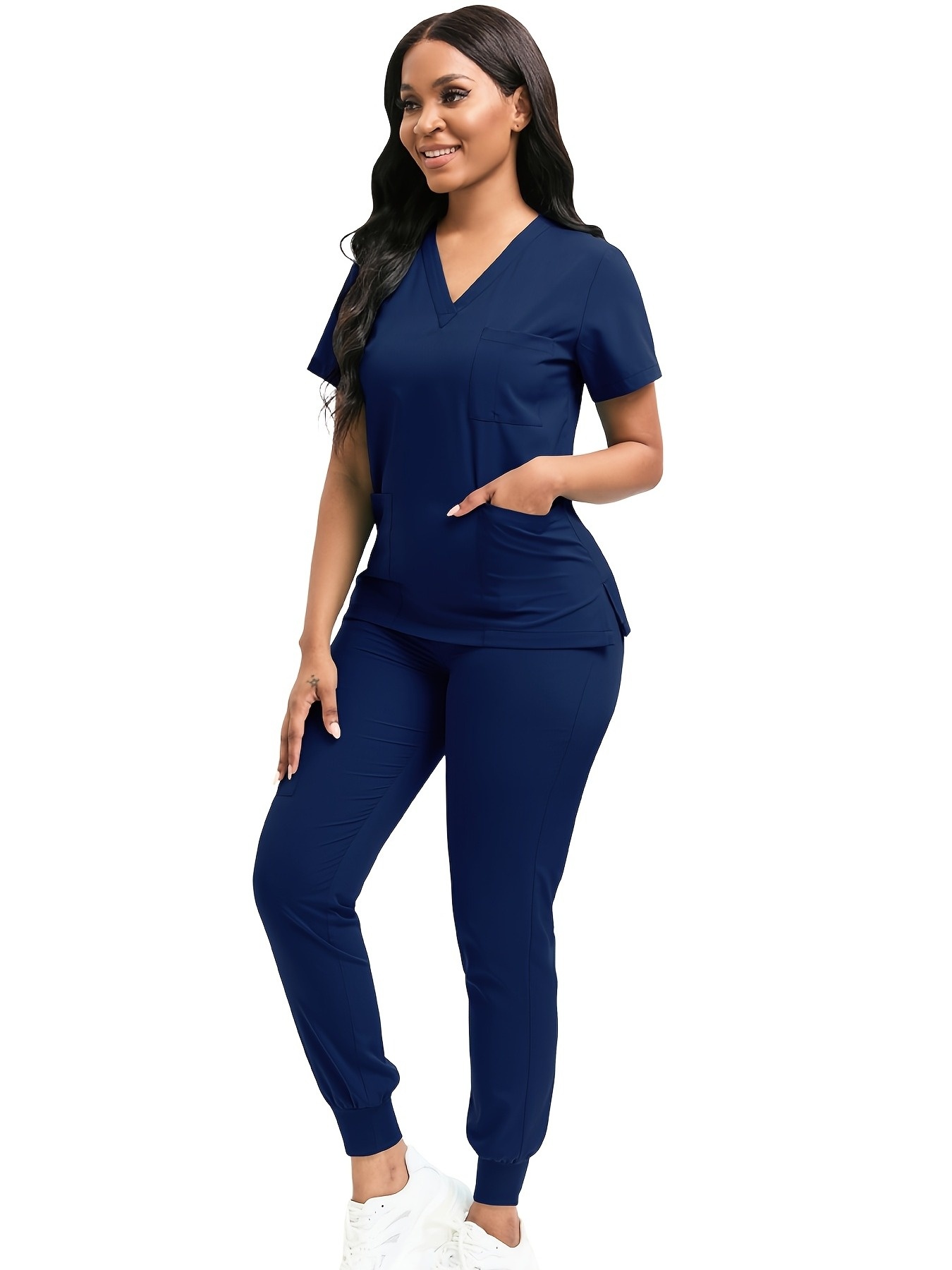 scrub suit set for women modern v neck top t shirt tapered leg jogger pants with drawstring 2pcs set nursing uniforms set suitable for pet   dental   nursing work etc