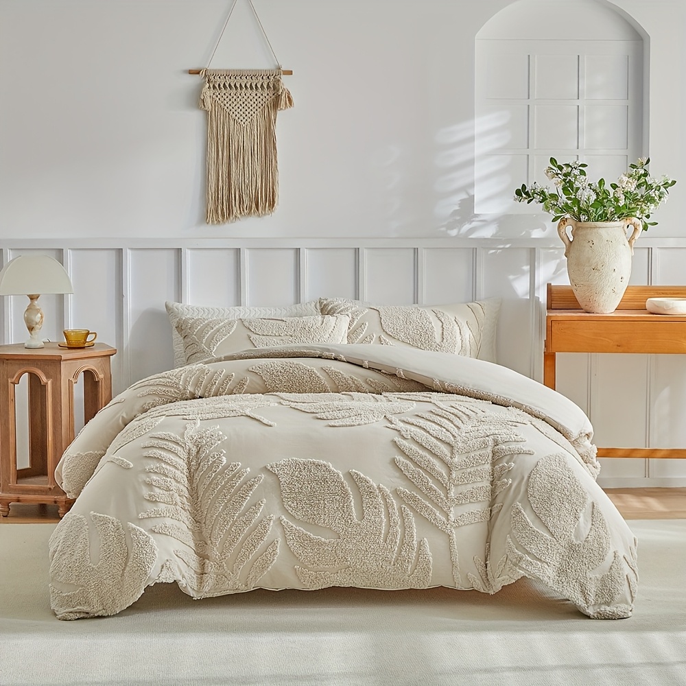 3D Leaf Pattern Duvet Cover Set 2/3pcs Set - High-Quality Tufted Craft, Distressed Style Washable Bedding, Soft Breathable Khaki Bedroom Decor, Multi-Size Available, All-Season Bedding