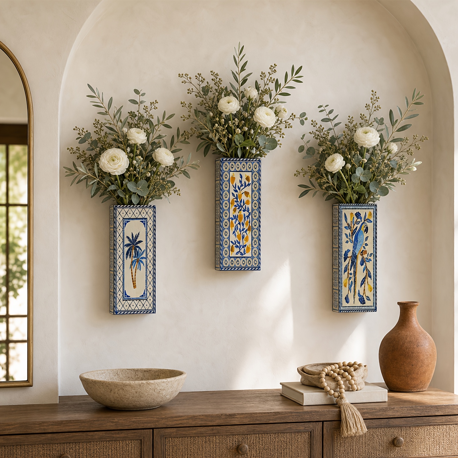 TEMU Ensemble de 3 vases à fleurs en bois, vase décoratif à motif bleu et blanc, vase mural et de table pour salon, chambre à coucher, décoration