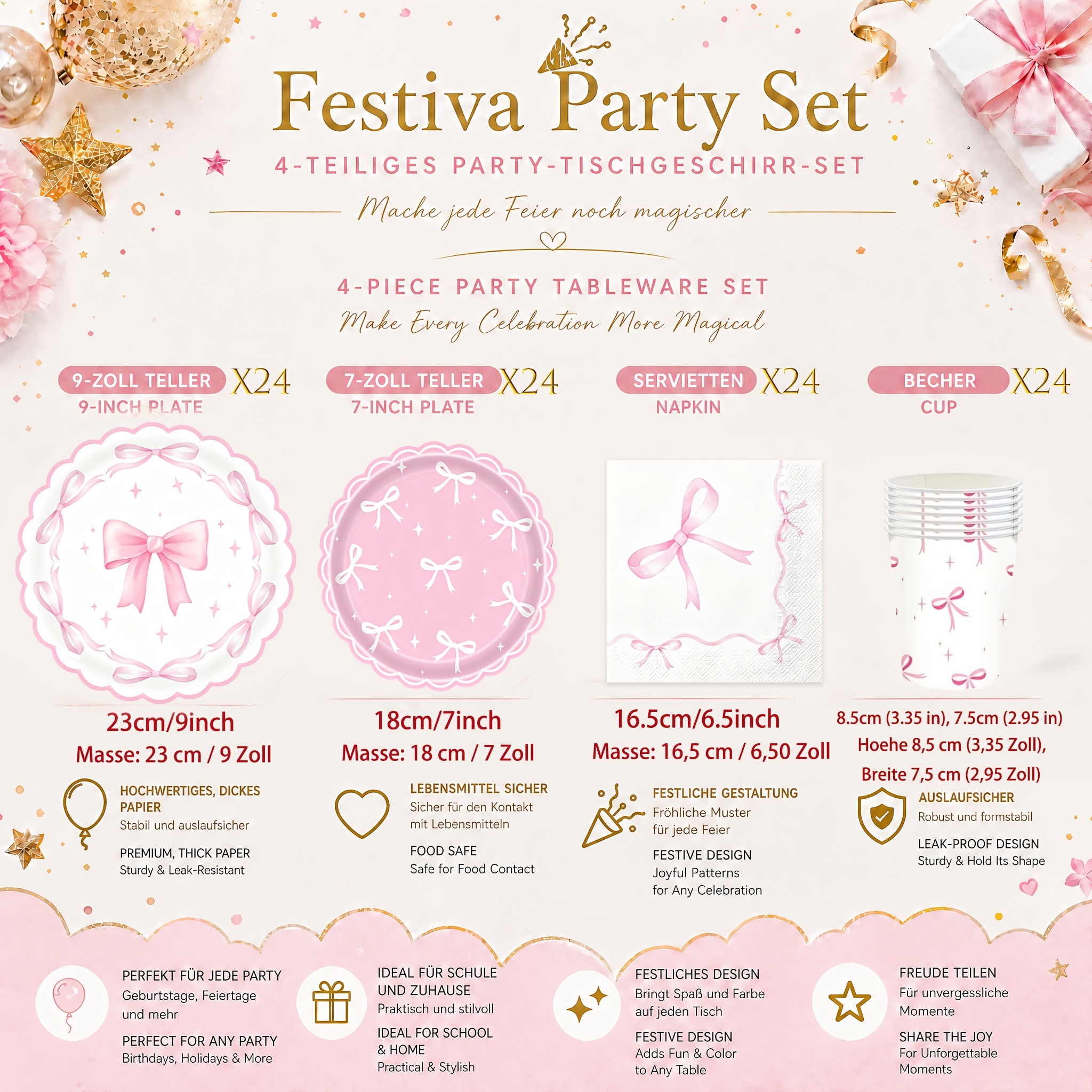 Image of 48/72/96/pcs Bow-themed Party Supplies Set, Includes Plates, Cups, And Napkins, Designed For Birthday Celebrations Party Packs