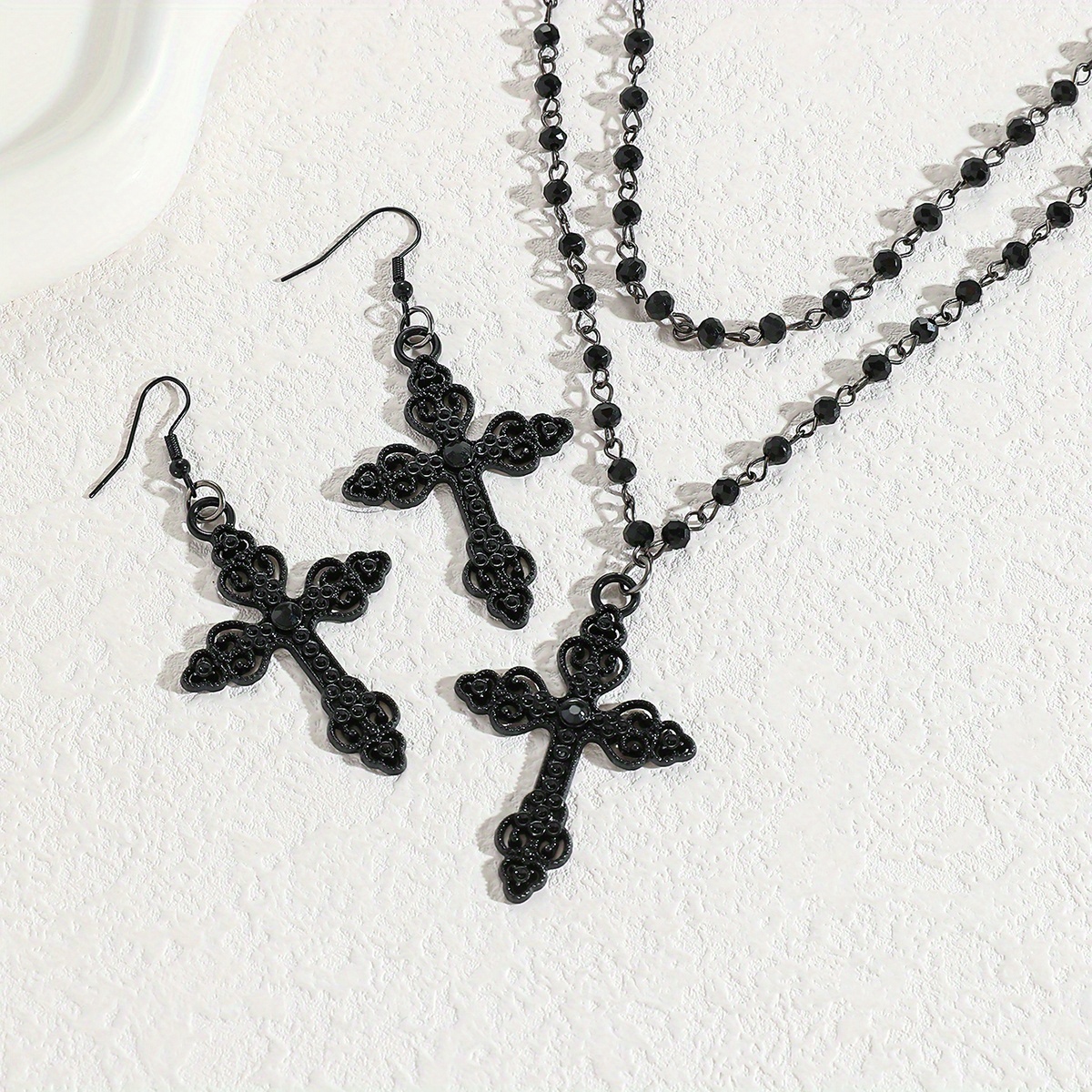 Women's Vintage Gothic Black Cross Pendant Multi-Layer Necklace and Earrings Set