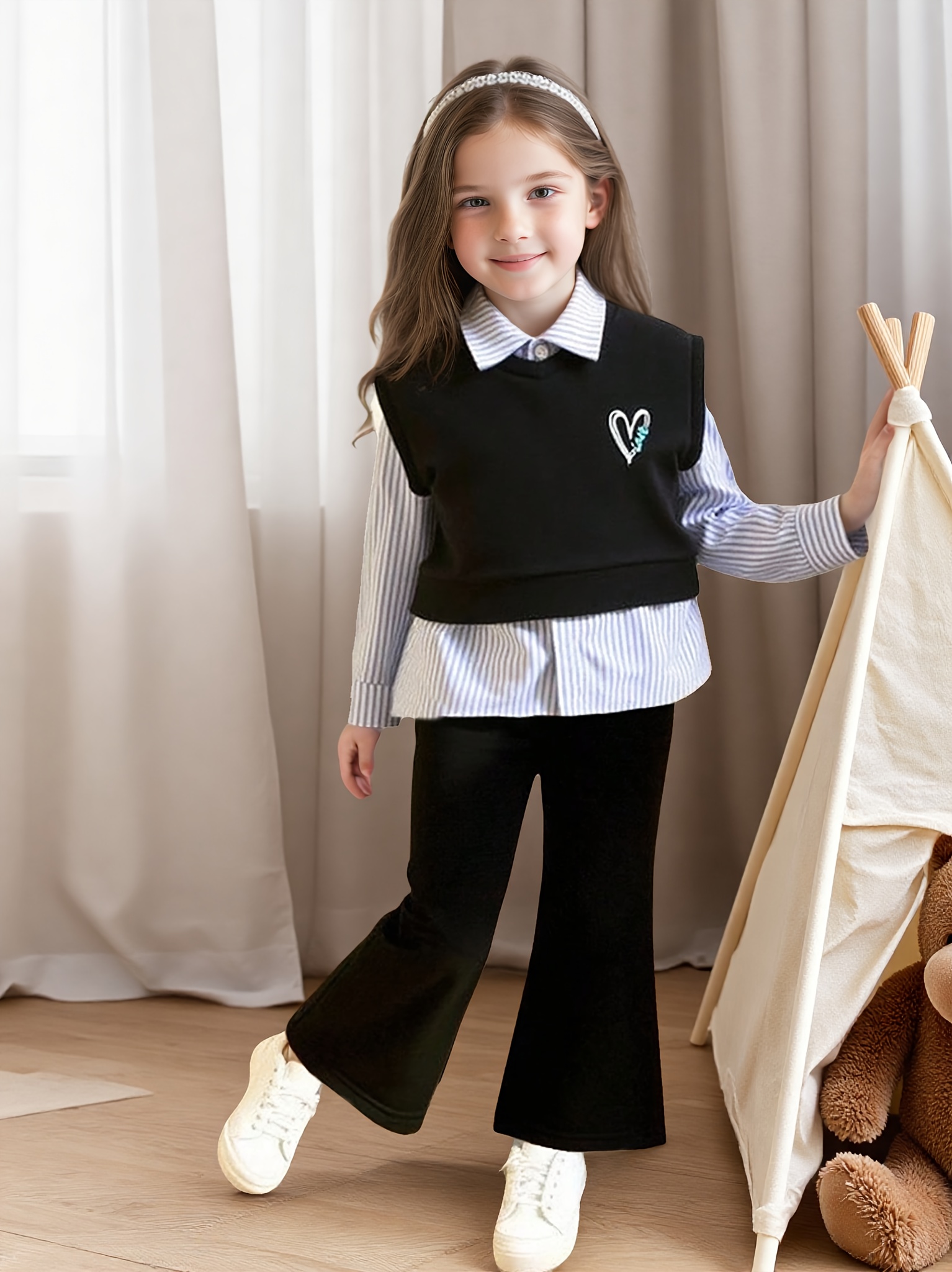3pcs Girls' Casual Striped Shirt Heart Print Vest Jacket Flared Pants  Set, Autumn/* Outfit for Outdoor Activities Perfect Gift Outdoor, Girl 