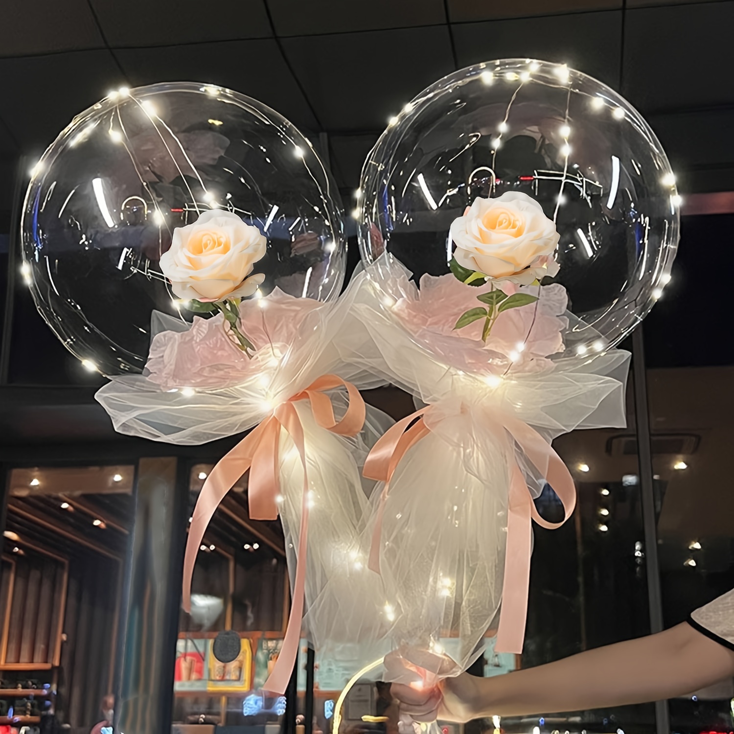 

2pcs Balloons With Led String Lights (without Battery), Champagne Rose Balloons With Trolley, For Wedding, Valentine's Day, Mother's Day, Birthday, Party Decoration