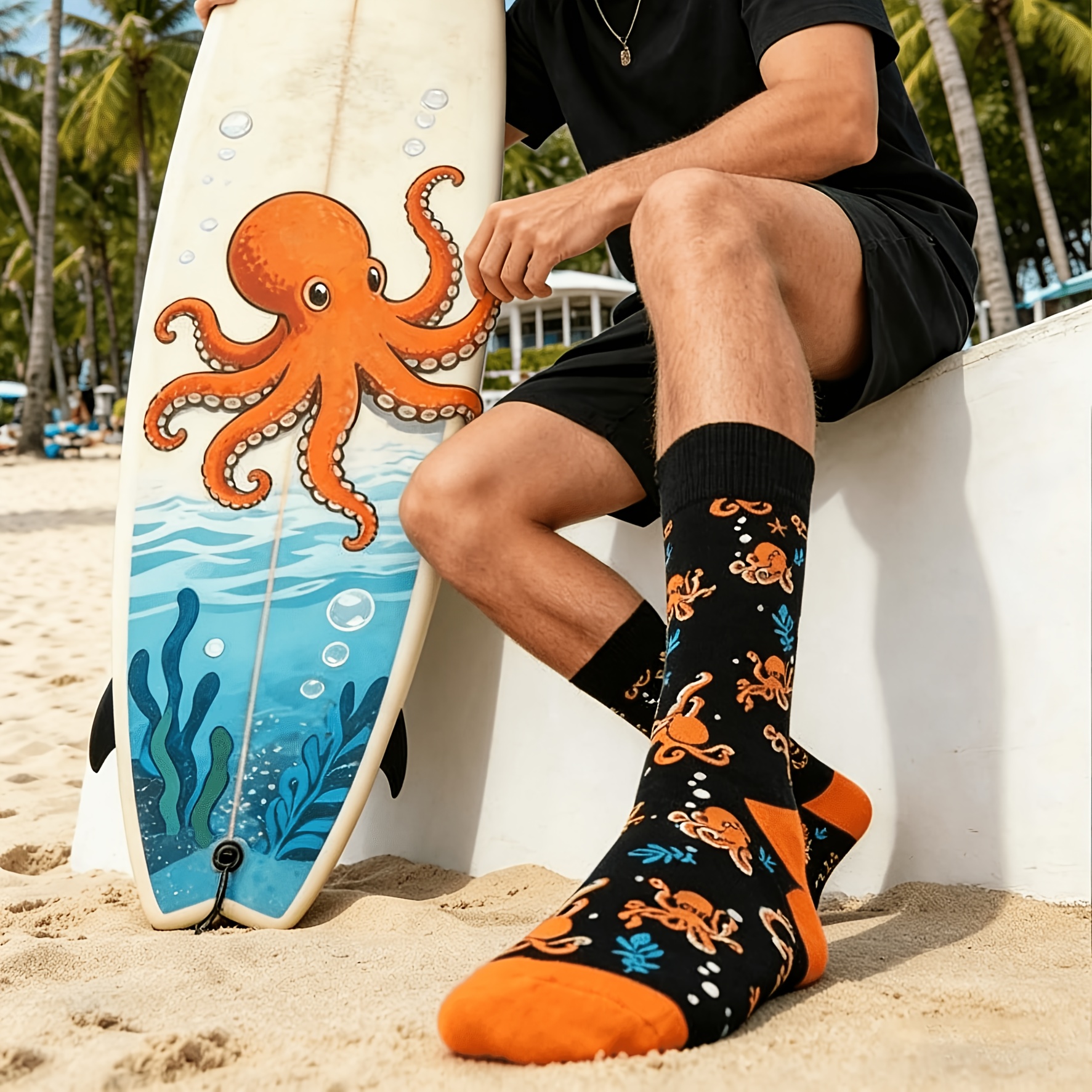 TEMU 1 Pair Unisex Cartoon Octopus Pattern Mid-calf Socks, Suitable For , Spring Summer, Sports And Outdoor Activities