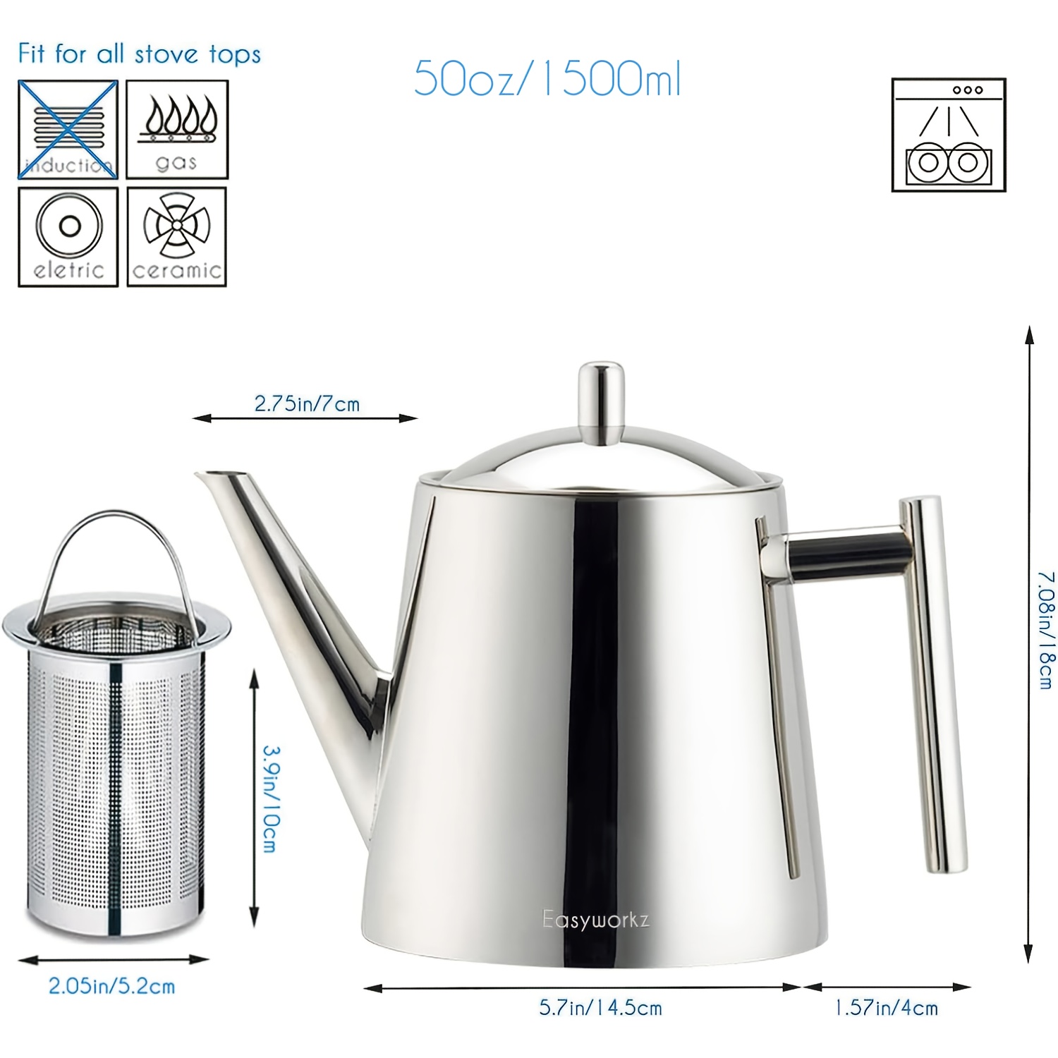 Image of 1pc Of Easyworkz Stainless Steel Teapot With Removable Fine-mesh Infuser, Large Capacity, , Spout, Stovetop Compatible, Perfect Gift For