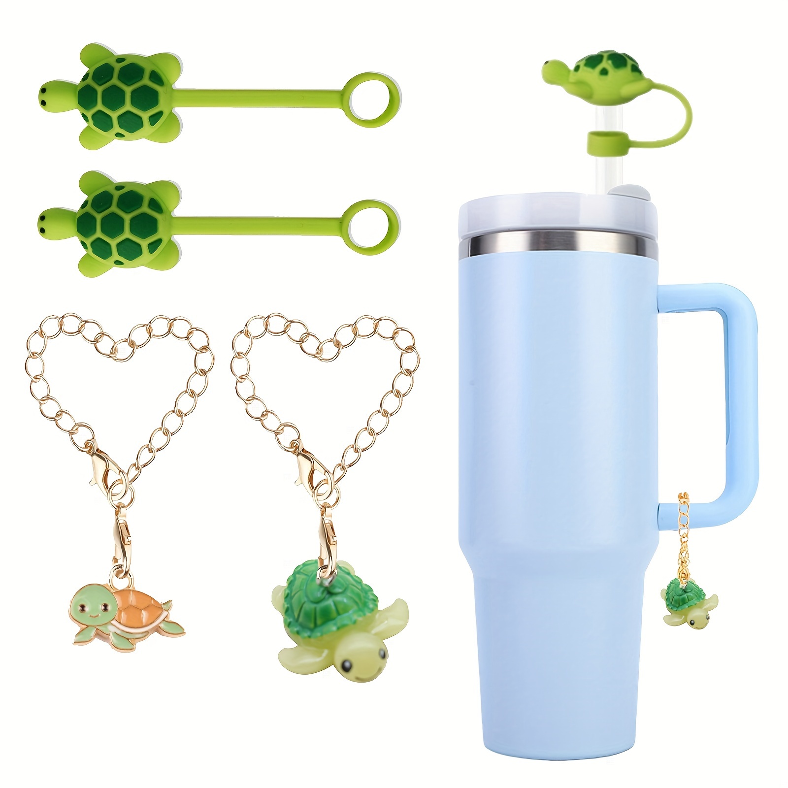 

4pcs/set, 2pcs Turtle Chain Charm Pendant And 2pcs Cute Turtle Straw Tips Cover Set For Tumbler Water Cup, Straw Cap, Creative Decorative Pendant For Water