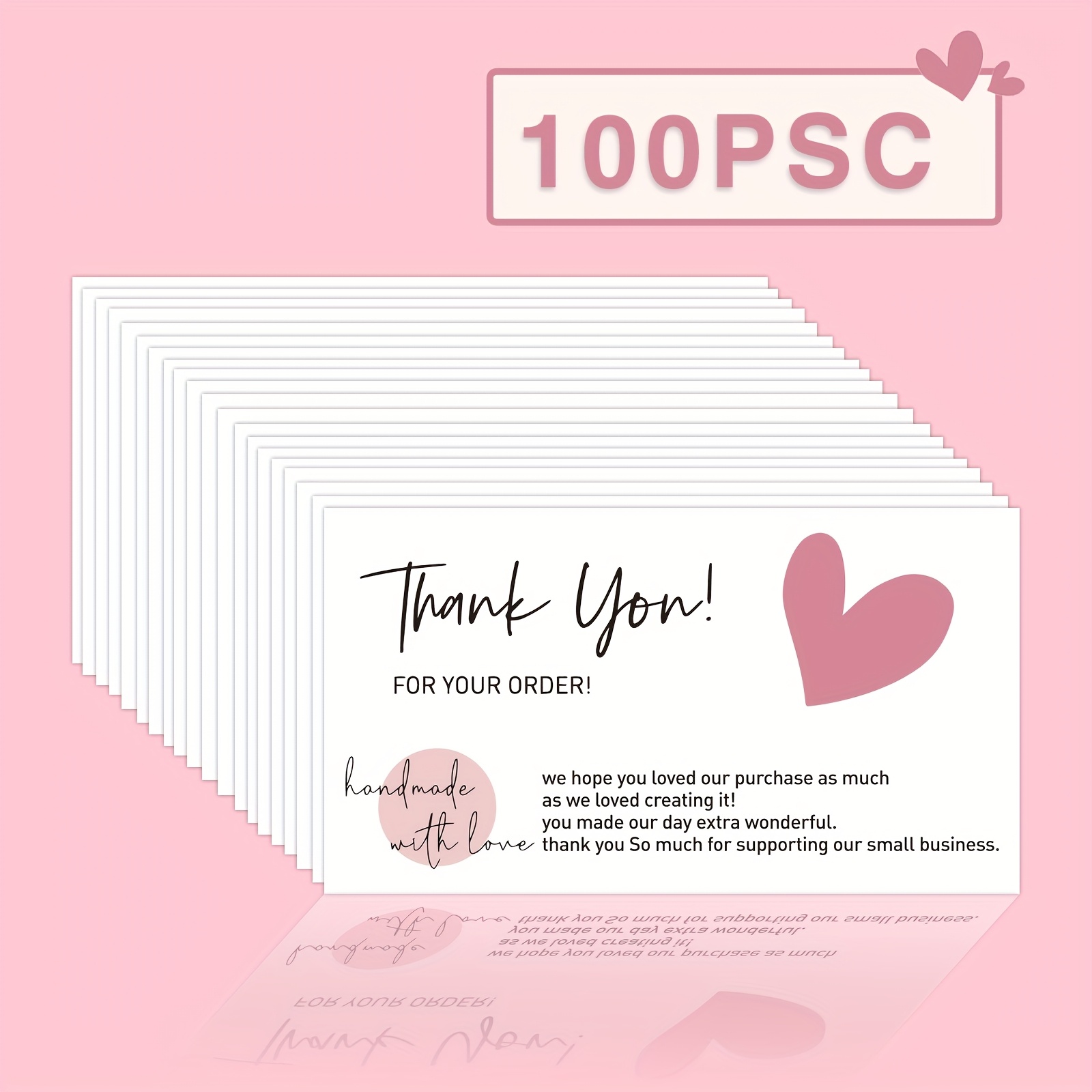 TEMU 50/100 White Background Pink Heart Thank You Cards, Suitable For Small Customers, Applicable To Stores, Online Retailers, Business Supplies,