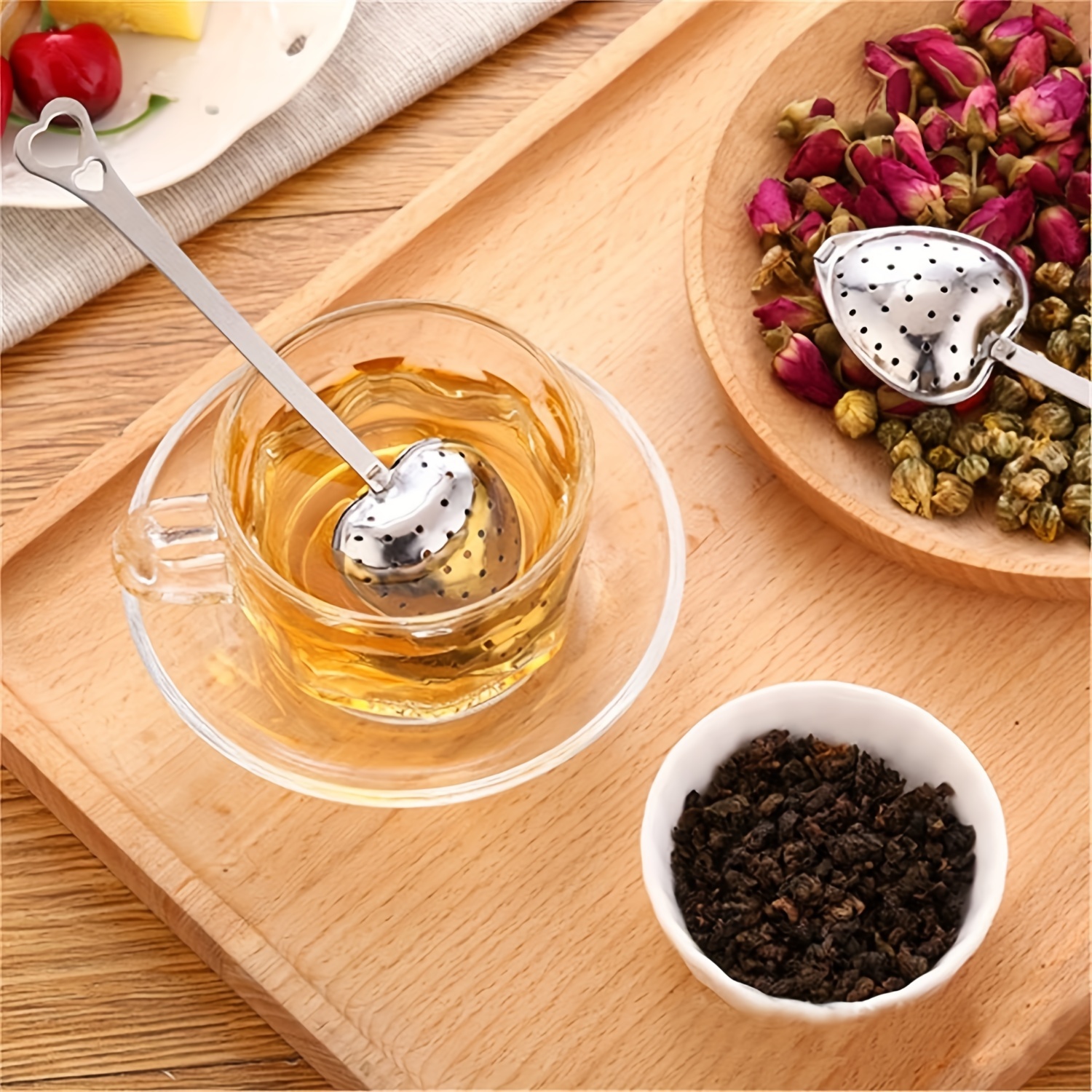 1pc heart shaped stainless steel tea infuser with long handle loose leaf tea strainer essential kitchen accessory for   details 1