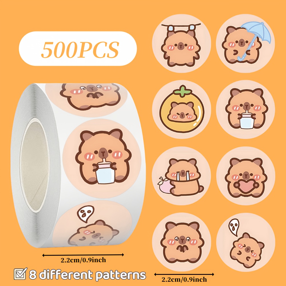 Image of 500pcs Cute Capybara Stickers Roll - Adorable Cartoon Decals For Journals, Gifts, Cards, And Envelope Sealing - Mixed Colors, Paper Material, 2.2cm/0.9inch, Perfect For Crafts And Decor