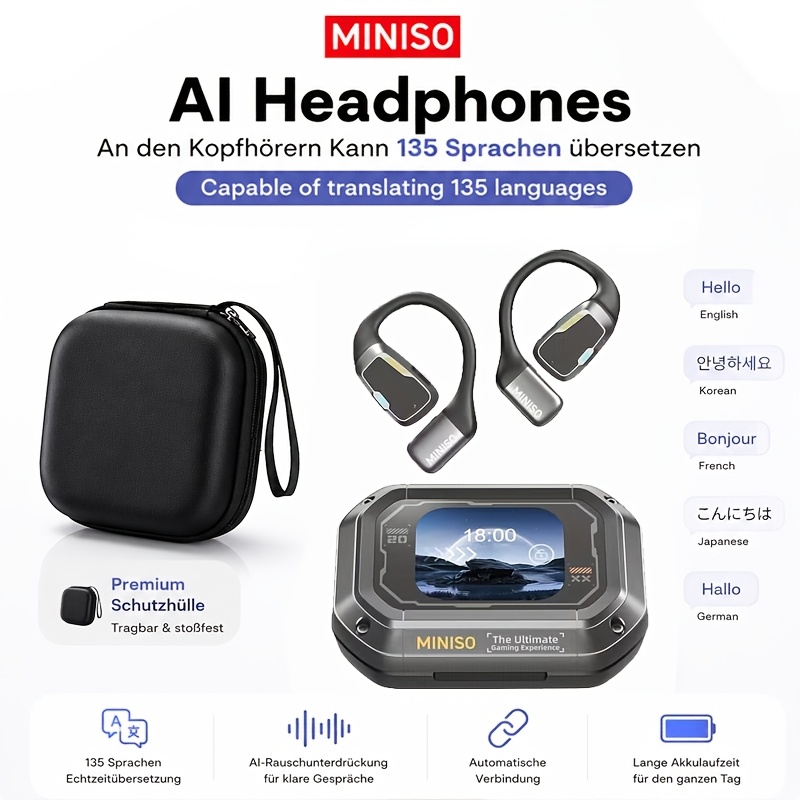 Image of Miniso M98 Ows Open-ear Ai Translation Earbuds, 135 Languages Instant Real-time Translate Wireless Headset With Microphone, Touch Operated Hd Stereo Earphones For Travel Music Gaming
