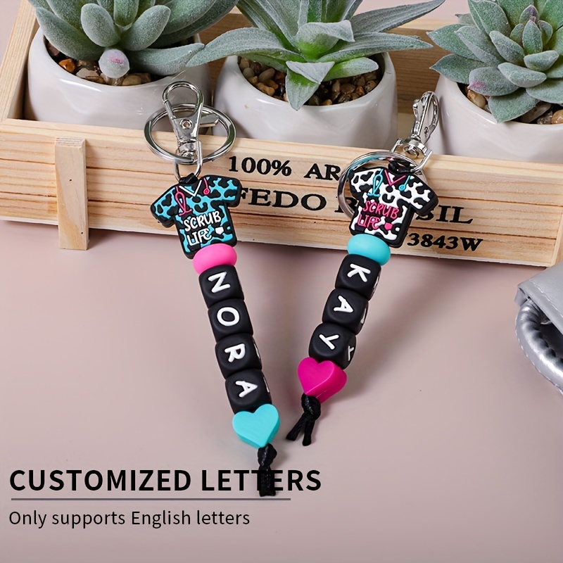 

Custom Day Silicone Beaded Keychain With Custom English Letters, Name, Anti-loss Chain, Car Key Pendant, Bag Charm, Personalized Gift