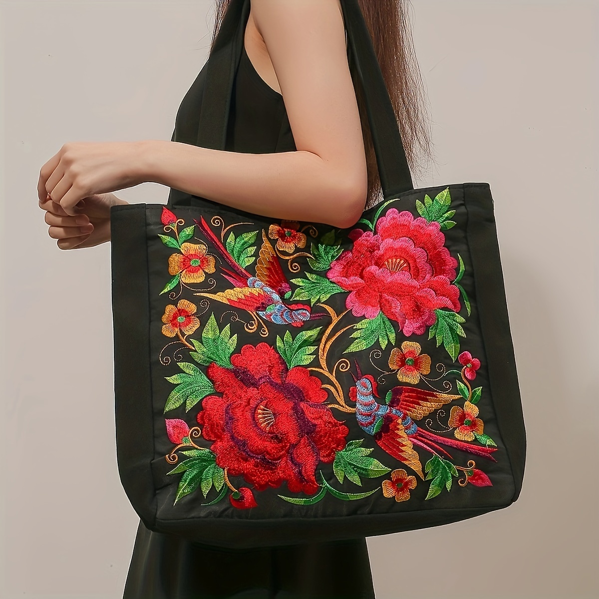 

Embroidered Tote Bag For Women - Shoulder Zip ,