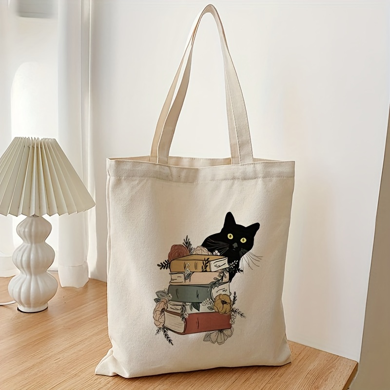 

Cute Cat And Books Pattern Tote Bag, Aesthetic Canvas School Shoulder Bag, Lightweight Grocery Shopping Bag