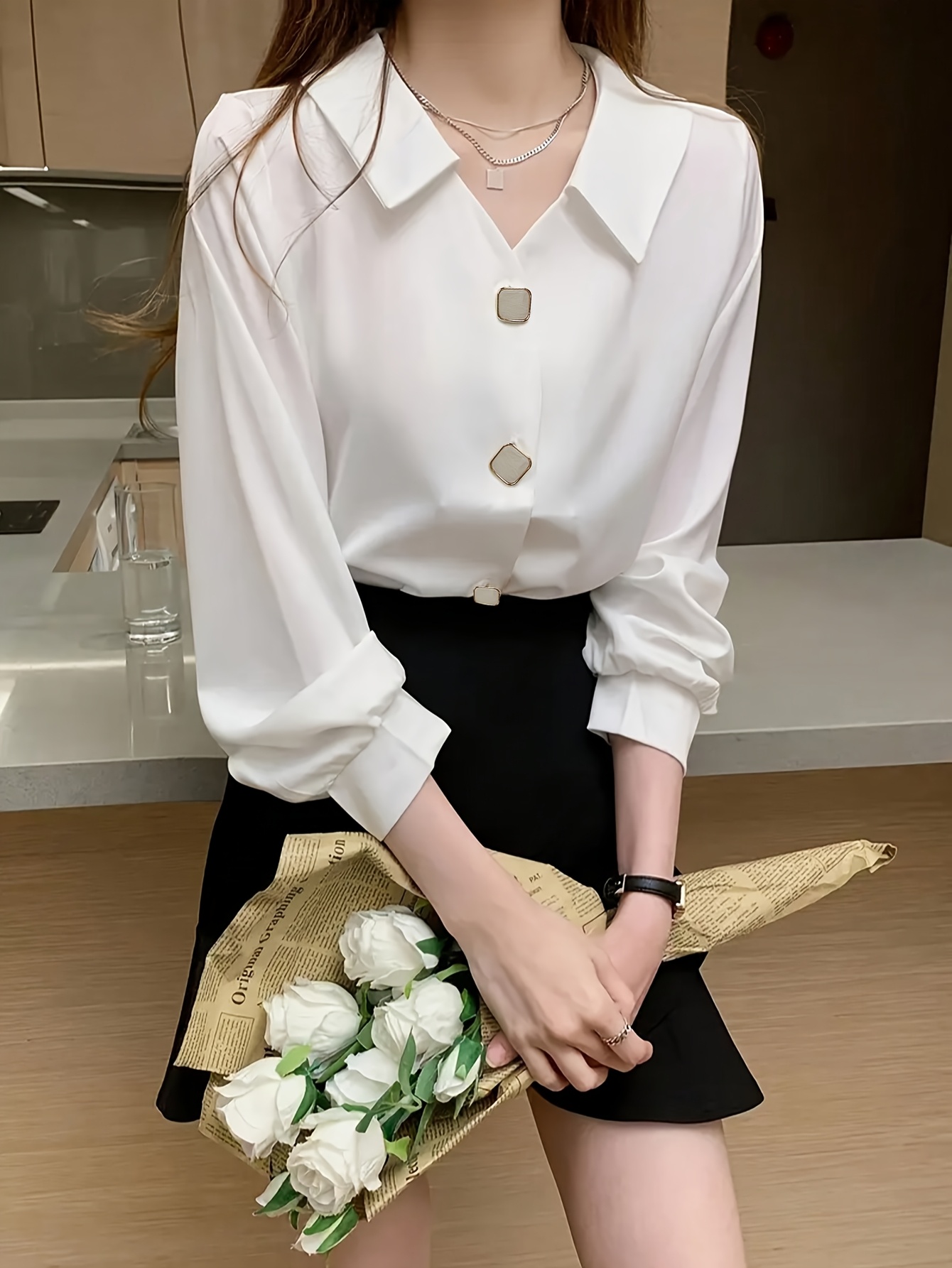blusa seda detalles botones cuello elegante mujer – camisa Temu