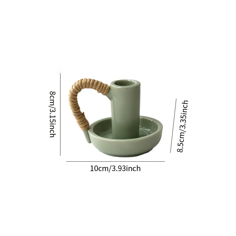 TEMU Nordic Sage Green Ceramic Taper Candle Holder With Wicker Handle - Vintage Tabletop Candlestick Holder Suitable For Weddings, Parties, Dining