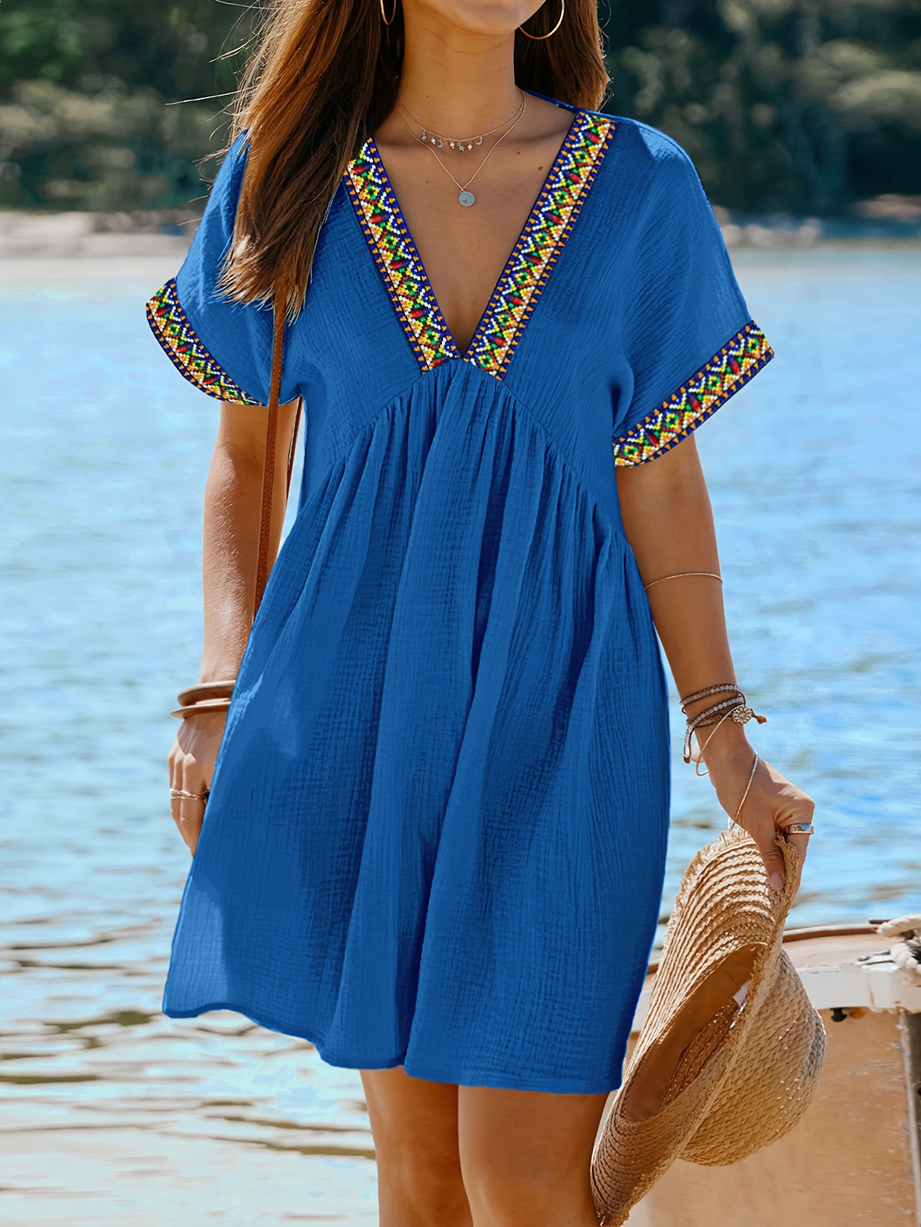 Summer Dresses For Women 2025 – Short Sleeve V-Neck Boho Ruffle A-Line Swing Sundress, Flowy Beach Look Breathable Lightweight Beachwear