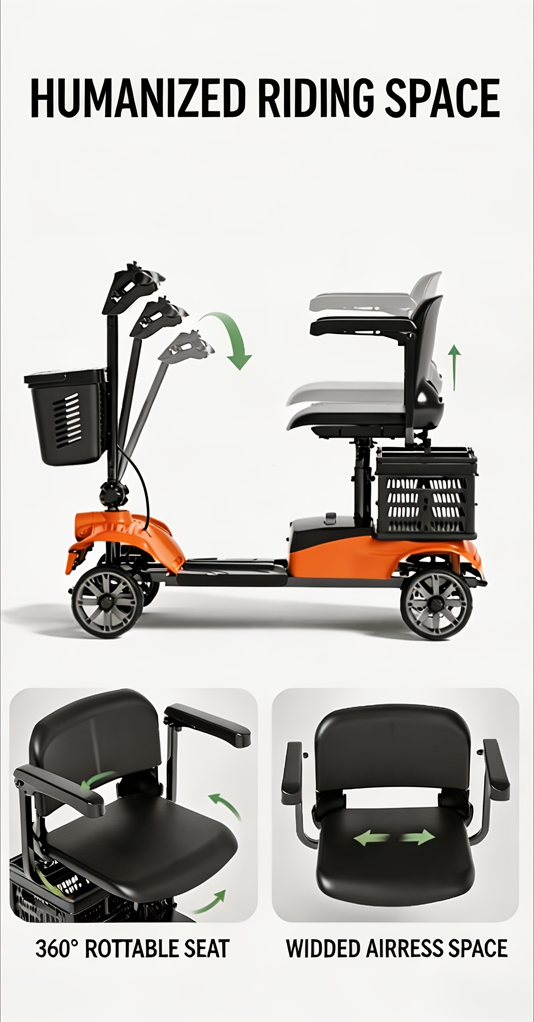 mobility scooter designed for elderly  , featuring a 360° rotating seat, a weight capacity of 264.55lb, 8-inch pu wheels, led lighting, a shopping basket, and a portable wheelchair design Product details 6