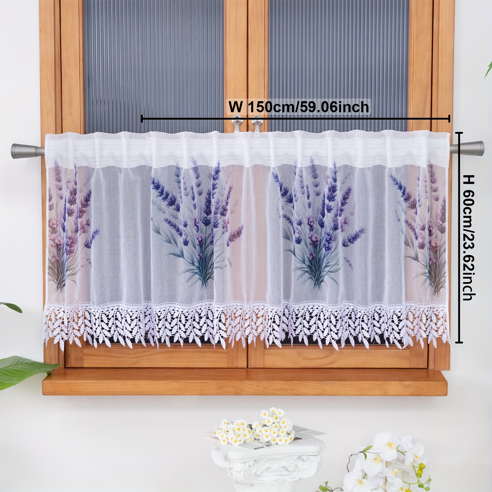 Image of 1 Panel French Curtain, Sheer, Lavender Print, Lace Hem | Floral, Cafe Curtain, Sheer Bay Window, Balcony, Sideboard, Soft Filter, Privacy, Rod Pocket, Clip Ring, Hook Top