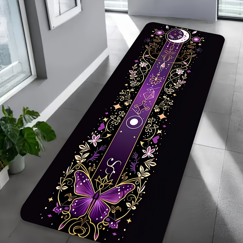 TEMU 2d Purple, Black, And Golden Starry Sky Floral Style Hallway Runner Rug, Printed With , Heart, And Moon Constellation Element Patterns, Flannel