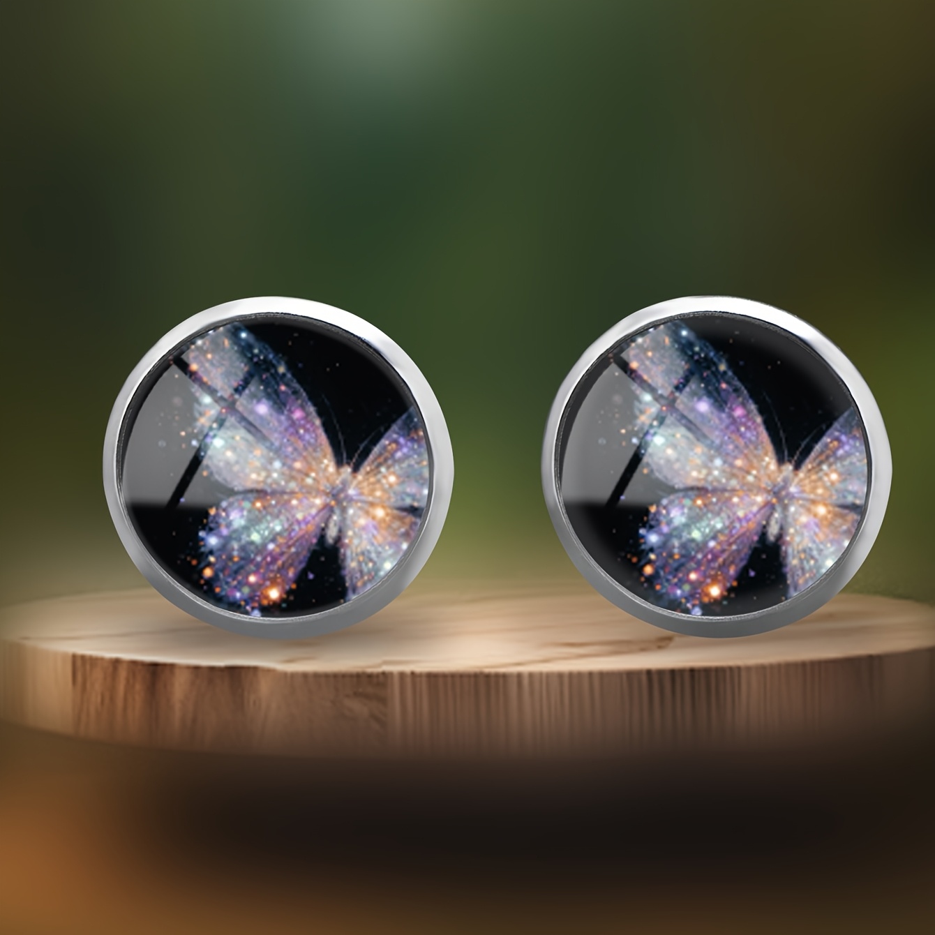 Black Glitter Butterfly Pattern Earrings with Stainless Steel Posts