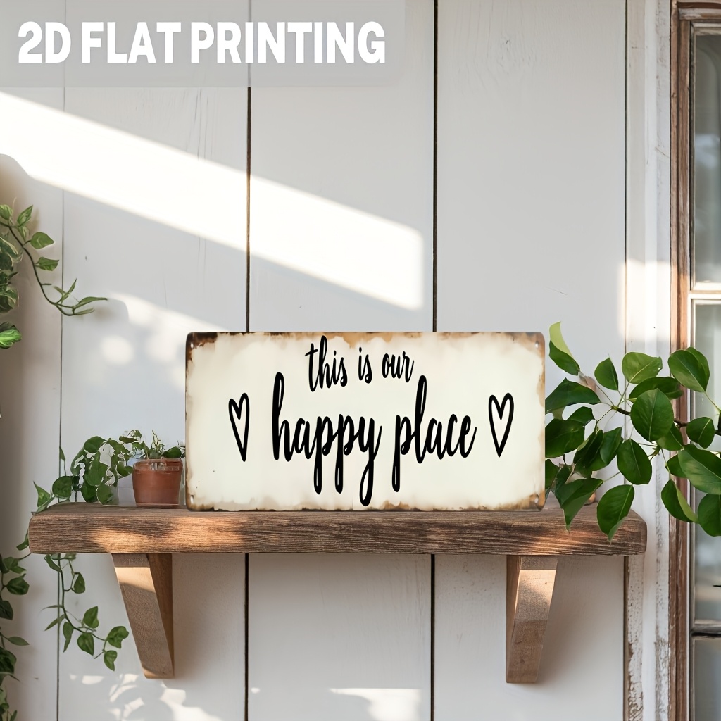 Image of 2d Flat, 1pc Wall Decor - Distressed White Wood Panel With " Our Happy " Sign & Heart Accents, Wood Suitable For Living Room, Bedroom, Kitchen, Easy-to-hang Indoor Decoration, 2d Flat