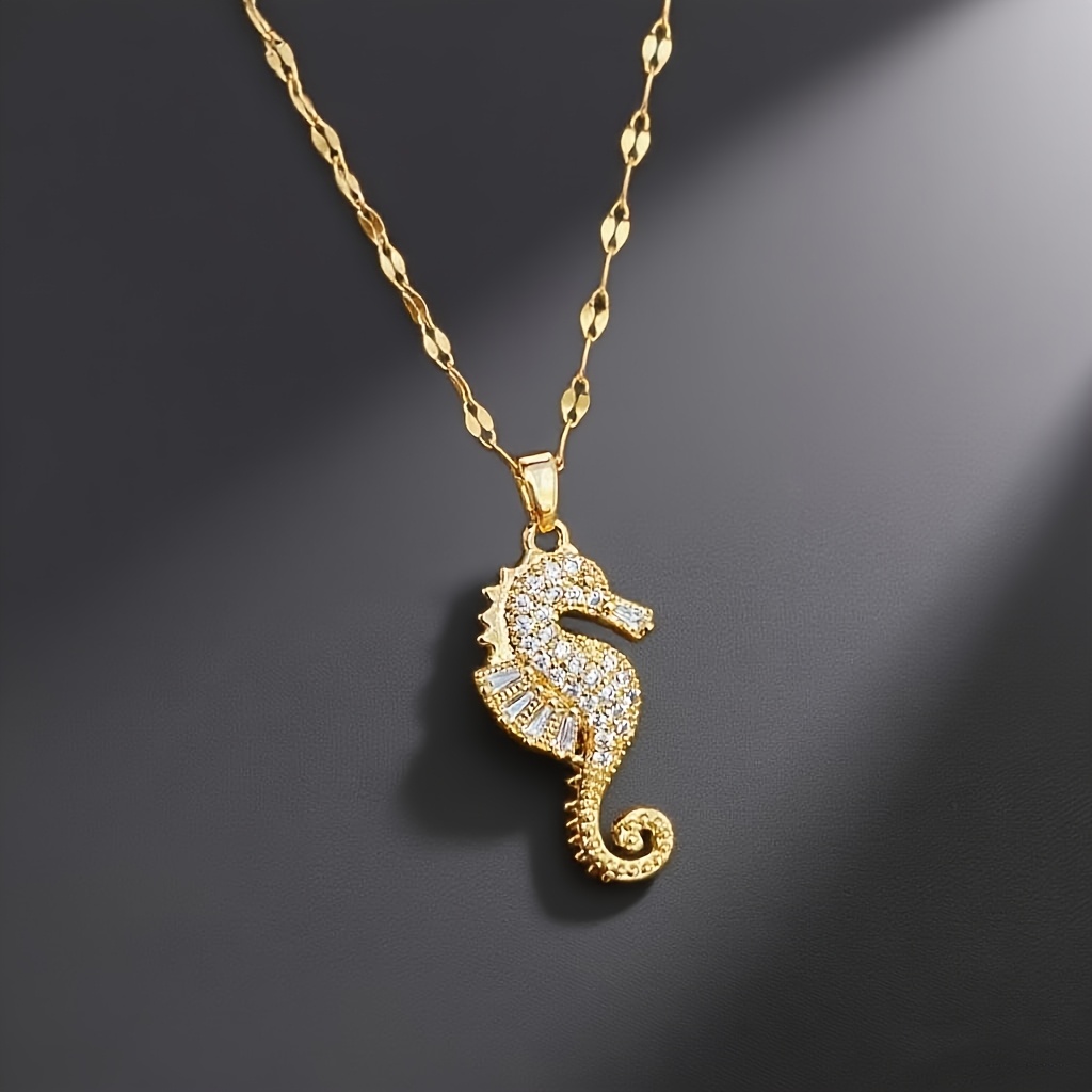 TEMU A Stylish And Luxurious Seahorse-shaped Pendant Necklace For Women, Featuring Copper With Synthetic And A Stainless Steel Chain. Perfect As