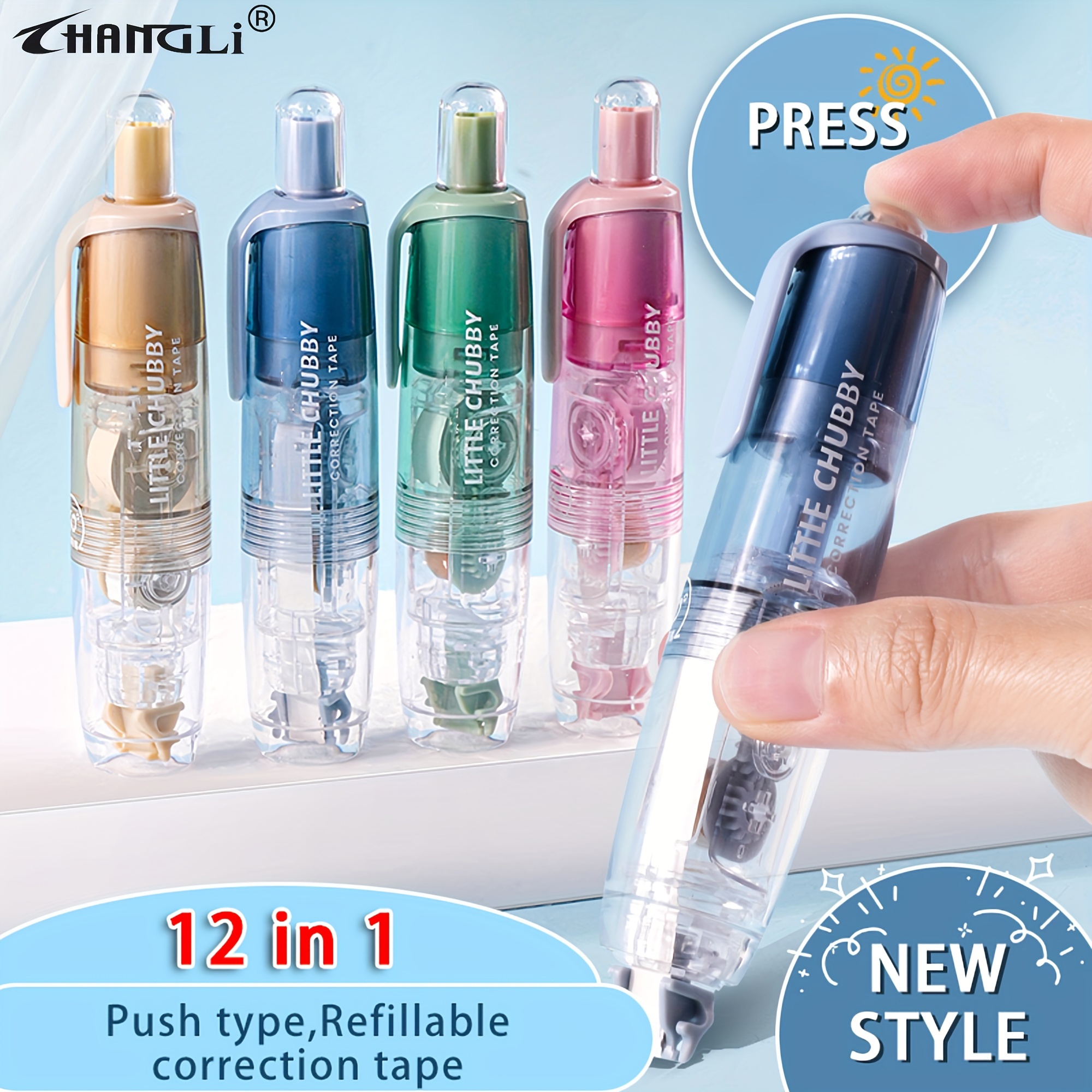 

12 In 1, 4 Main 8 Refills 6mm Tape Width 360-degree Rotating Head Refillable Correction Tape