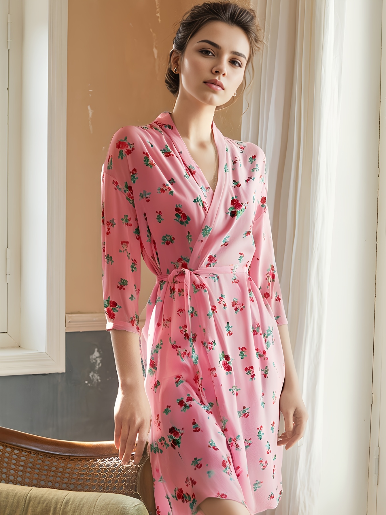 womens floral comfortable translucent nightgown sexy and fashionable v neck with lettuce edge semi transparent pajama style flower print semi transparent home robe