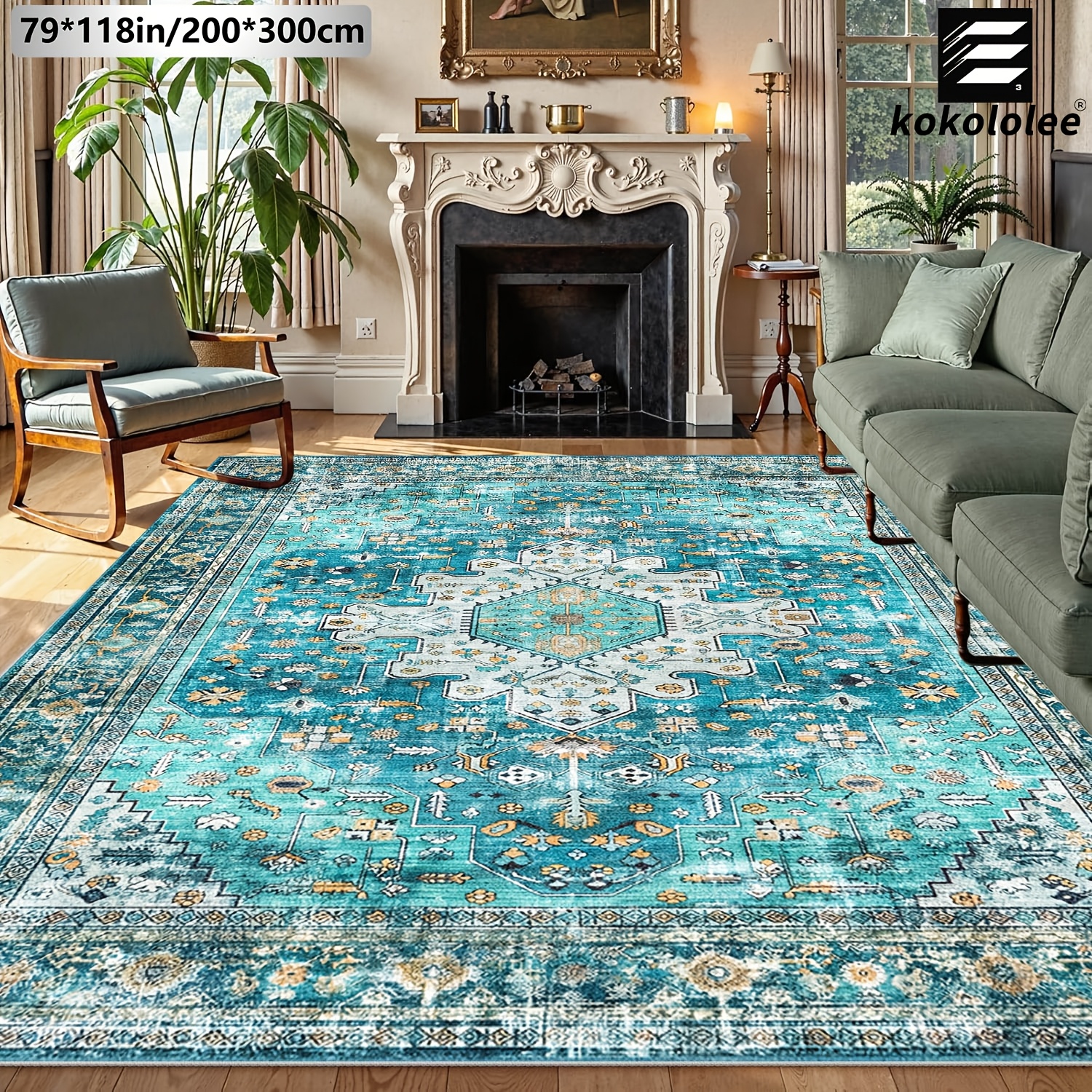 TEMU 1pc Kokololee Luxury Velvet Rug - Bohemian Pattern Rug With Non-slip Backing, Machine Washable - High-traffic Areas Such As Living Rooms,