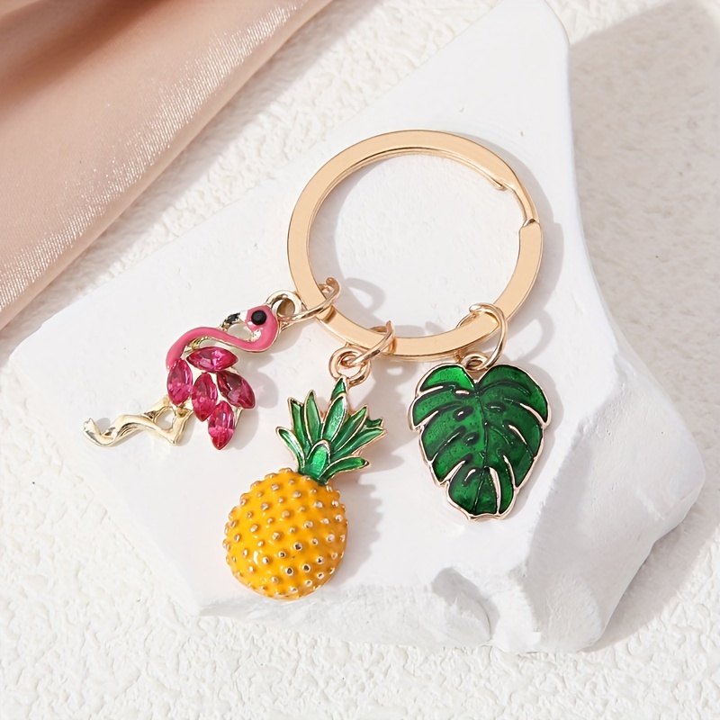Tropical Enamel Keychain With Flamingo, Pineapple, And Palm Tree Charms,  Cute Summer Metal Pendant, For Bag Key