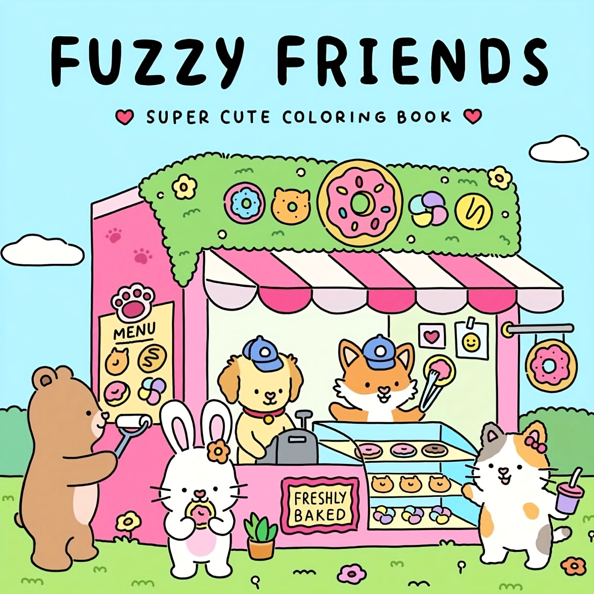 

Cartoon , Fuzzy Friends Coloring Book For Adults And Teens - Adorable Animal Characters, Whimsical Scene, Relax Art Activity