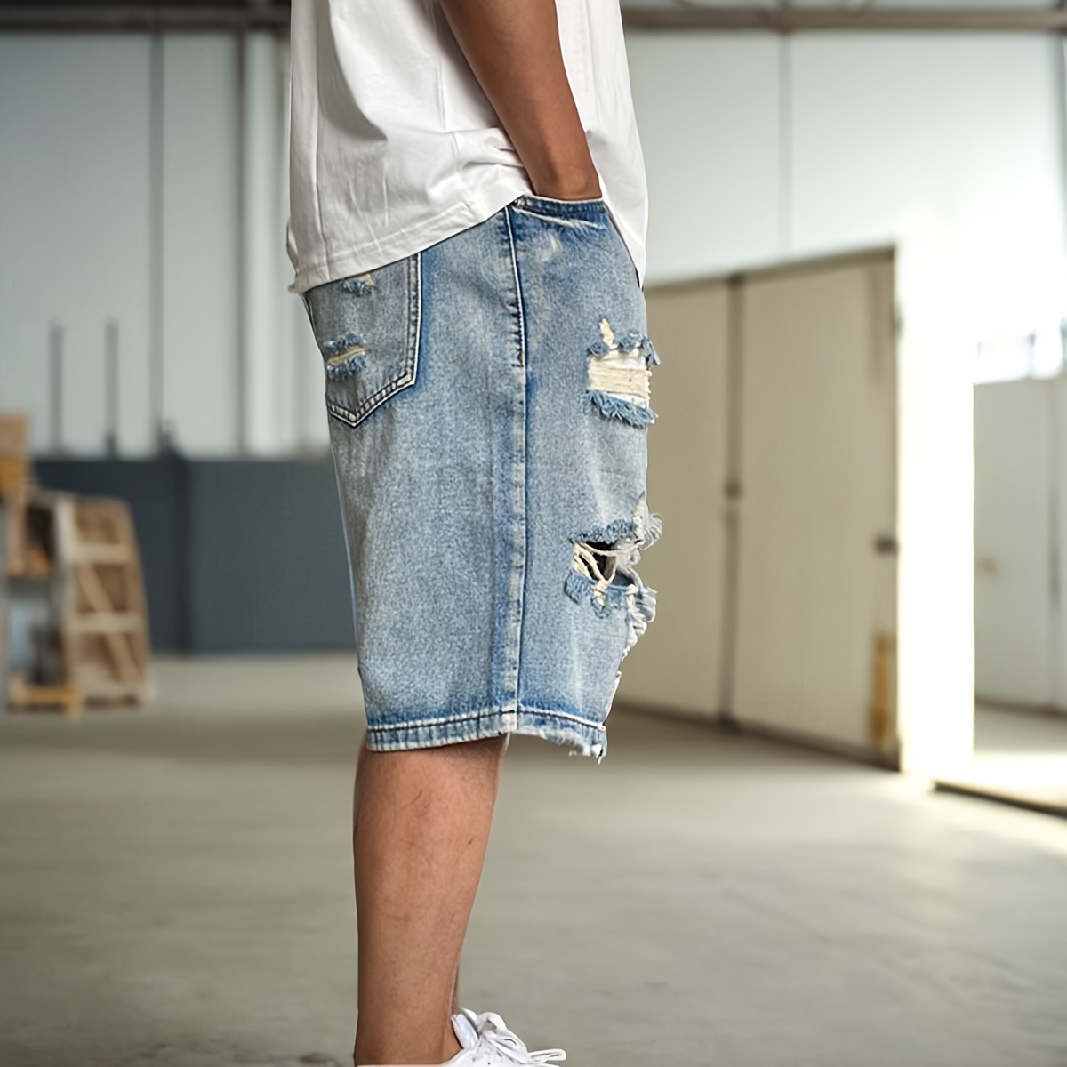 Shorts Three Quarter Ripped Jeans Summer Street Casual Wash
