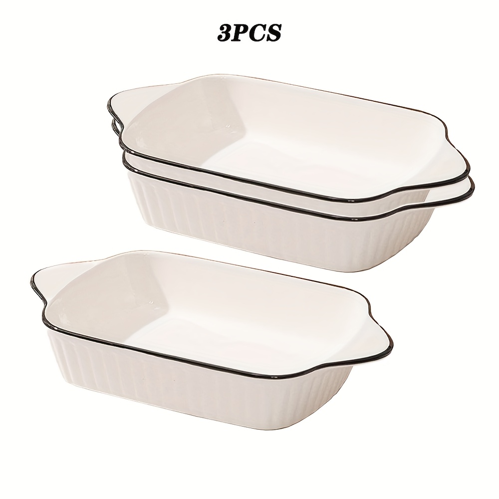 TEMU 3pcs Ceramic Dish Set, Rectangular Rice Bowl Plate With Handle, Stackable Dishes, For Kitchen Freezer, Vegetable, Salad, 26.7 X 5cm / 10.51 X