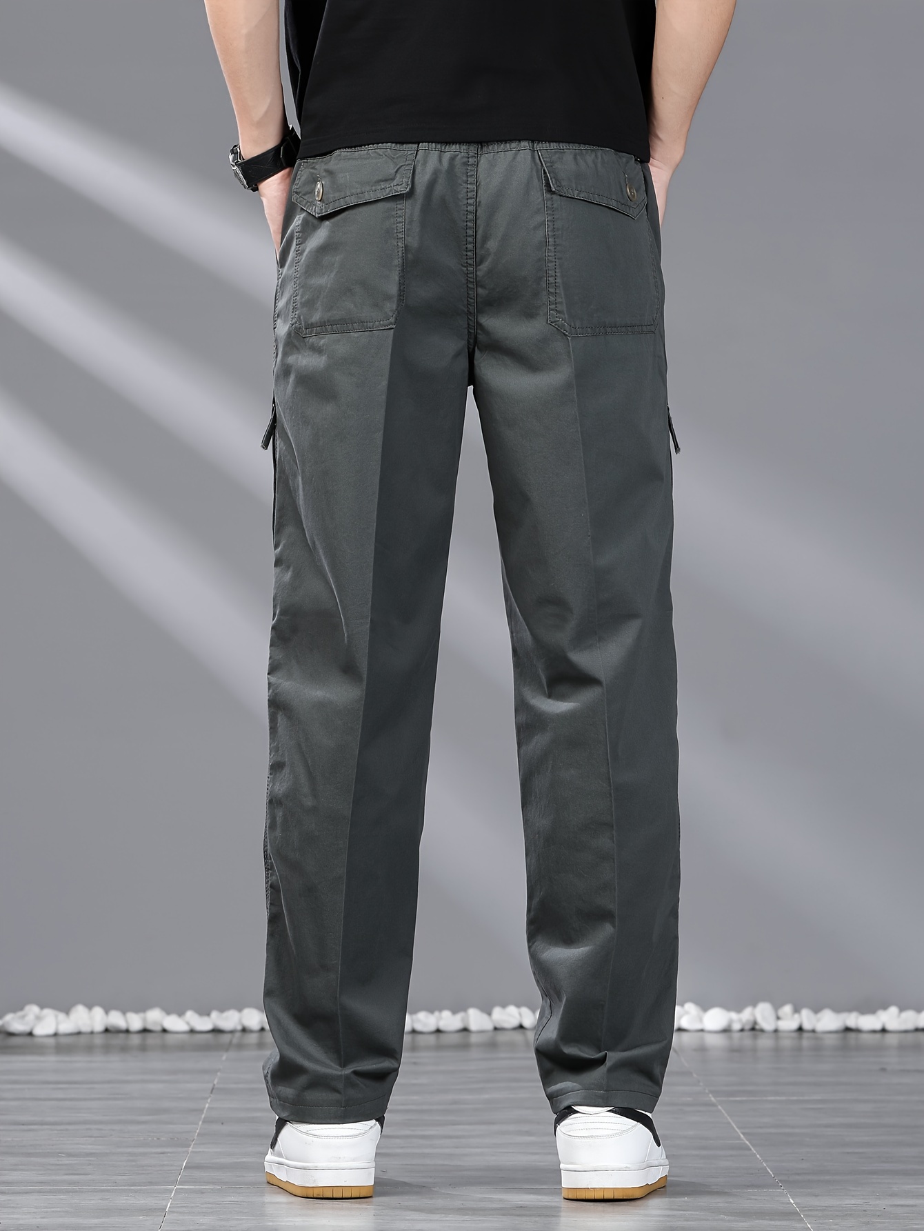 men's 100% cotton loose solid cargo pants multi pockets