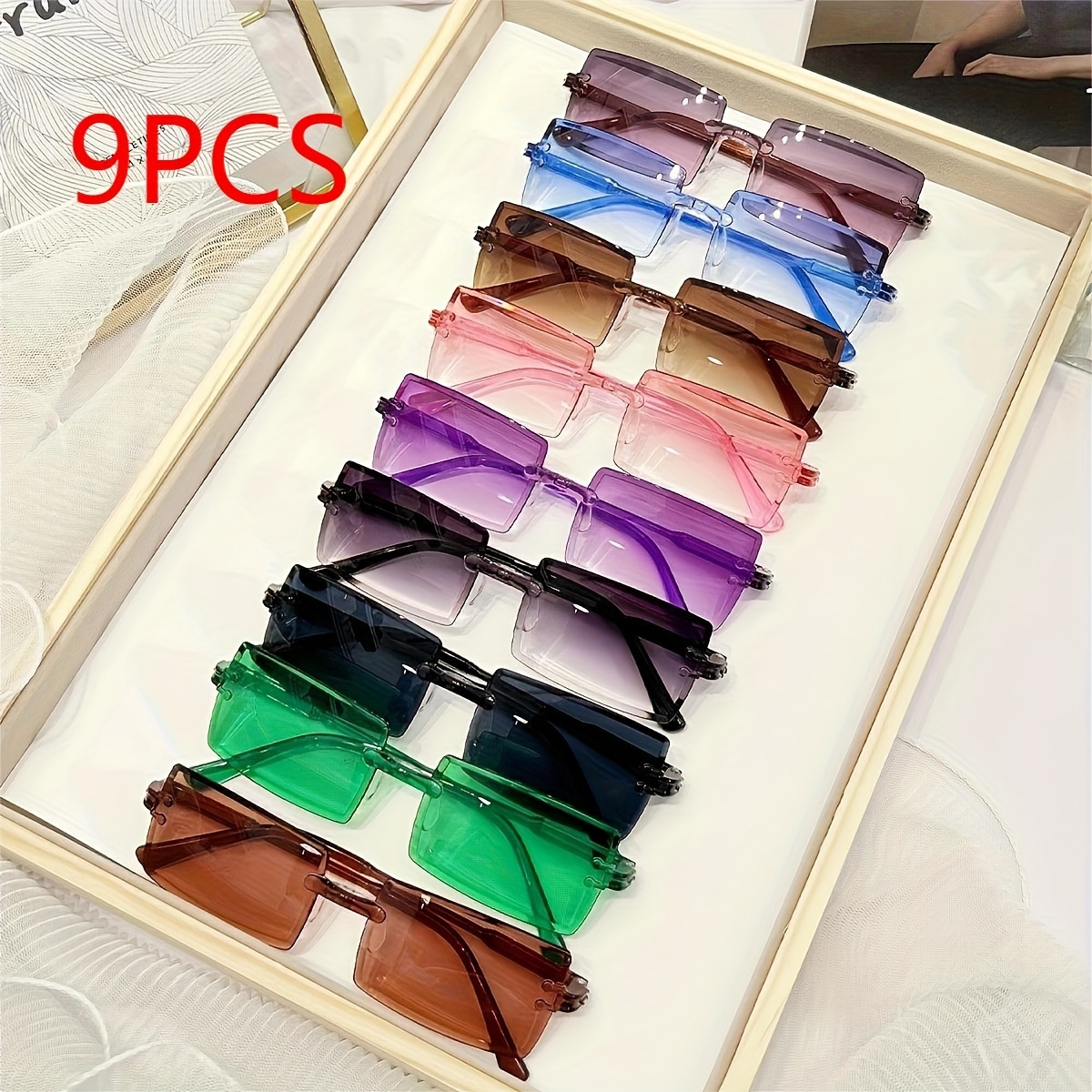 

9-pack Rimless Rectangular Fashion Glasses, Polycarbonate Frame, Resin Lenses With Anti-reflective Coating, For Men And Women