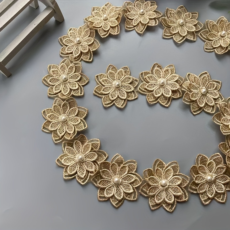 10- Embroidered Lace Appliqués With Beads, Polyester Flower Trim For Wedding Dresses And Diy Crafts