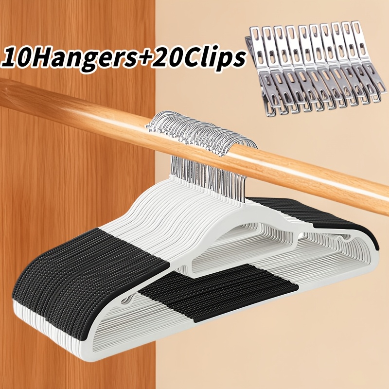 E-shop 30-teiliges Set -Rutsch-Kleiderbügel mit Clips (10 Bügel + 20 Clips), Langlebiger Drehhaken Kleiderständer, Ideal zum Trocknen Aufbewahren von