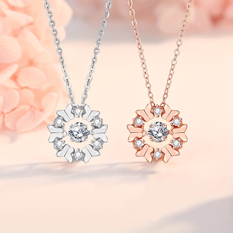 Butterfly Flower Wreath Zirconia Pendant Necklace December Birthstone