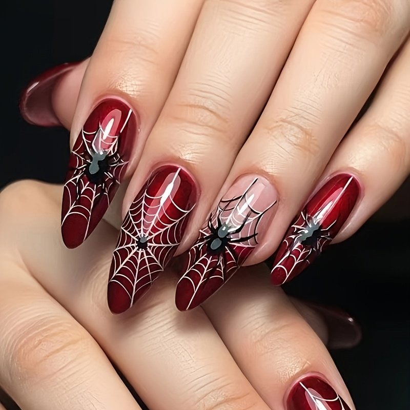 TEMU 24pcs Halloween Dark Gothic Style Wine Red Web Black Reusable Press-on Nails