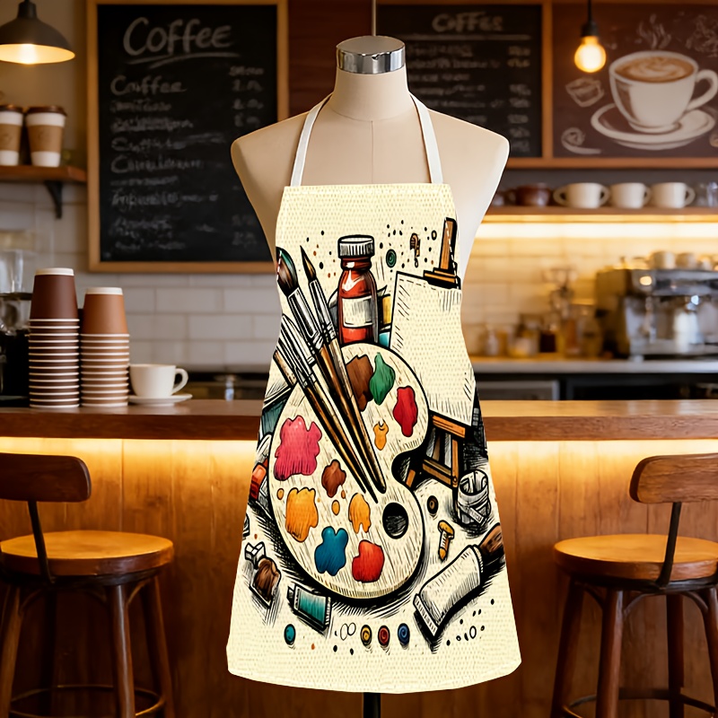 TEMU 1pc Paintbrush Paint Palette Sketchbook Easel Bouquet Dense Apron Home Decoration Kitchen Sleeveless Kitchen Clothes Apron Printed Bib Unisex Reusable