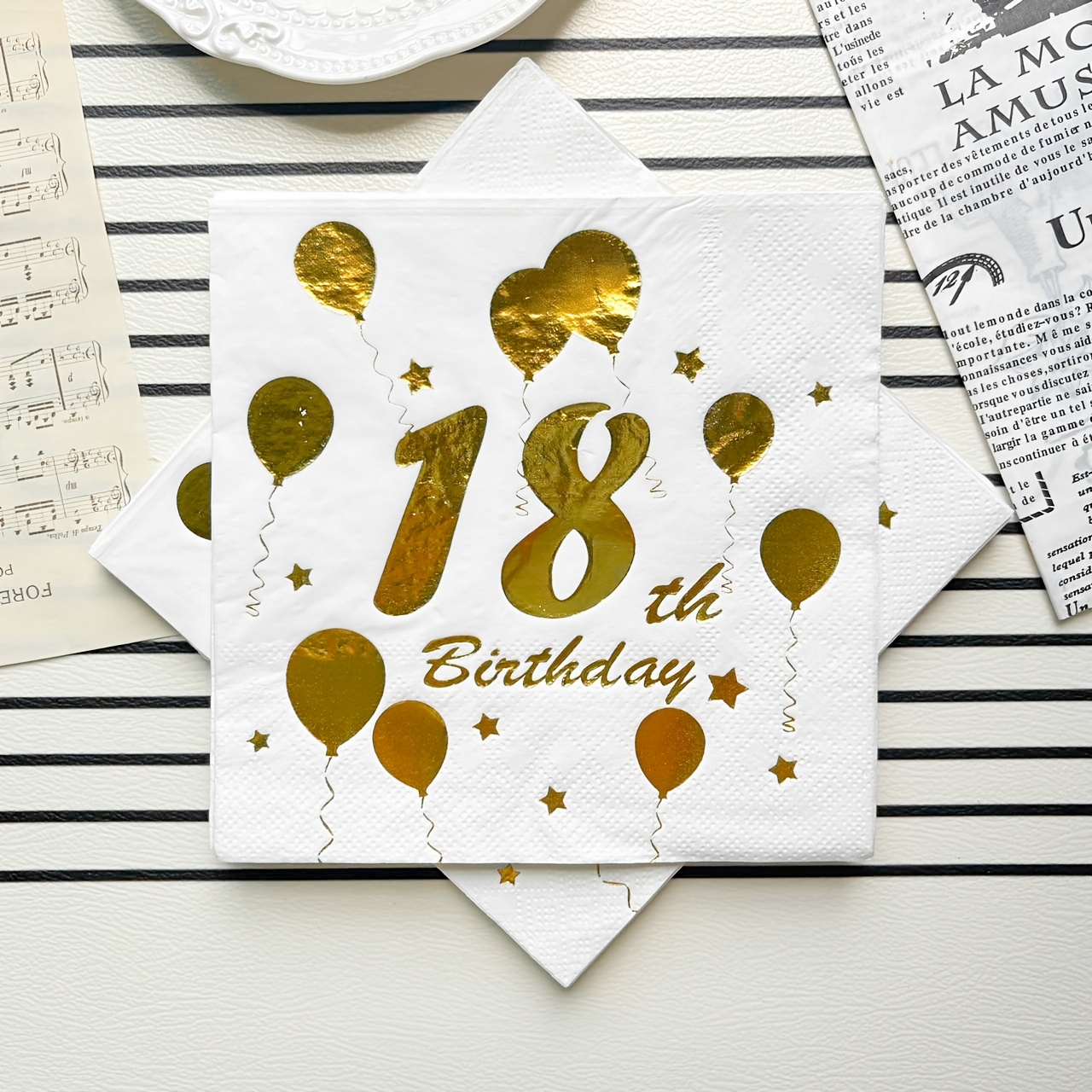 40psc, Hot Stamping Balloon White 18th, Wood Double Layer Disposable Paper Towel (6.5*6.5inch), Suitable For Birthday Party Party Etc, Napkin Disposable Supplies