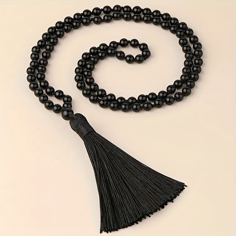 E-shop Naturstein Schwarzer Achat Handgefertigte Strick-Perlenkette 108 Naturstein Quasten Anhänger Kette Geschenk Geeignet für Männer und Frauen zum