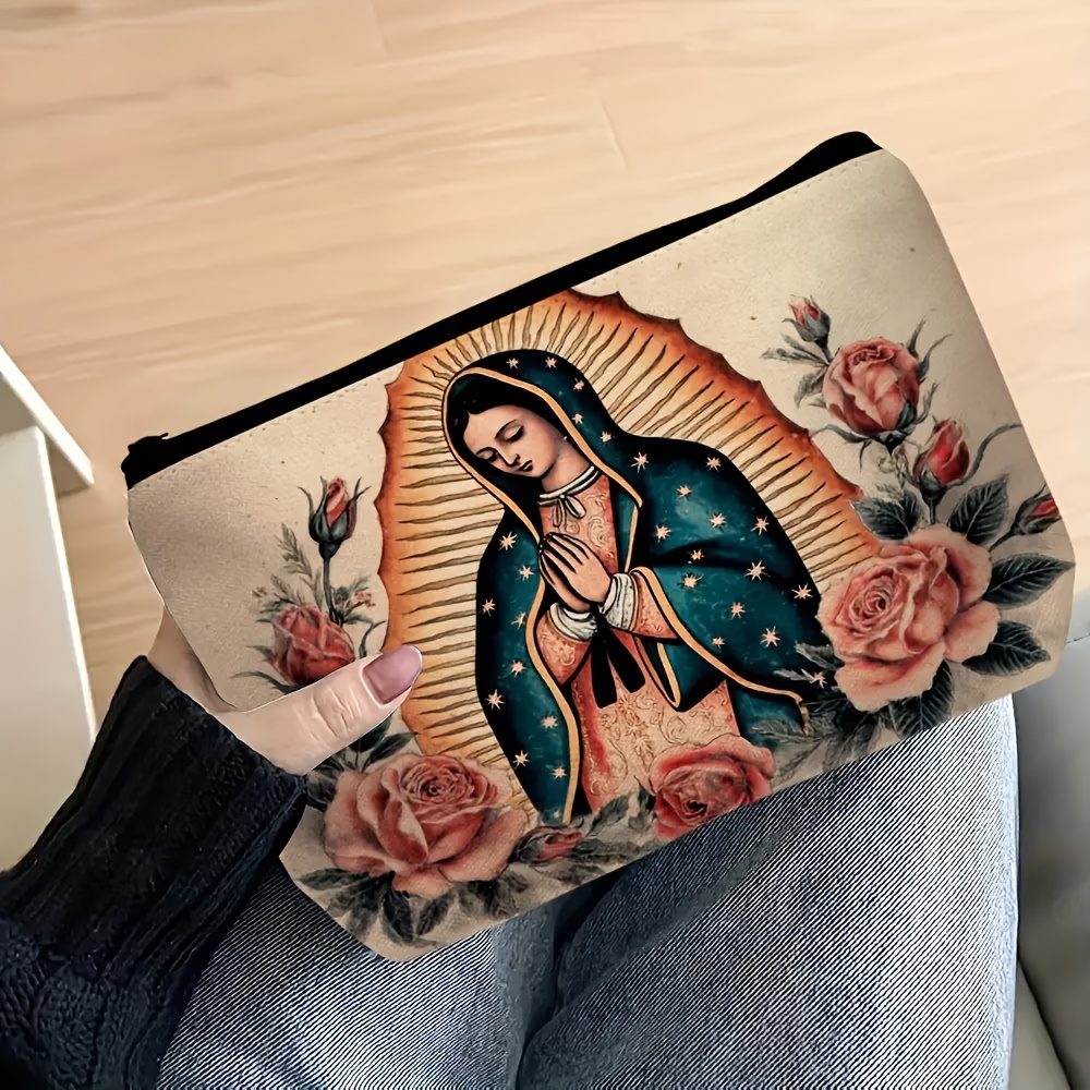 TEMU 1pc Sac de Cosmétique Statue - Pochette Cosmétique Style Espagnol Religieux, Design Floral Vibrant avec Ornements Dorés, Durable, Idéal pour