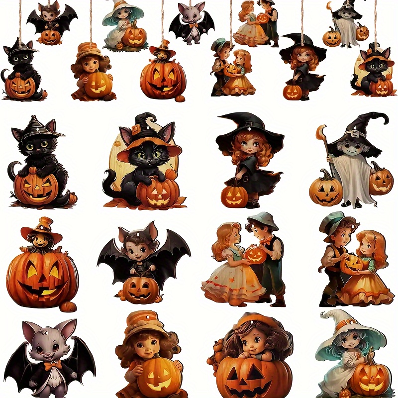 

24 Pcs Vintage Wood Halloween Decorations: Autumnal Pumpkin And Witch Figurines For Festive Home Décor